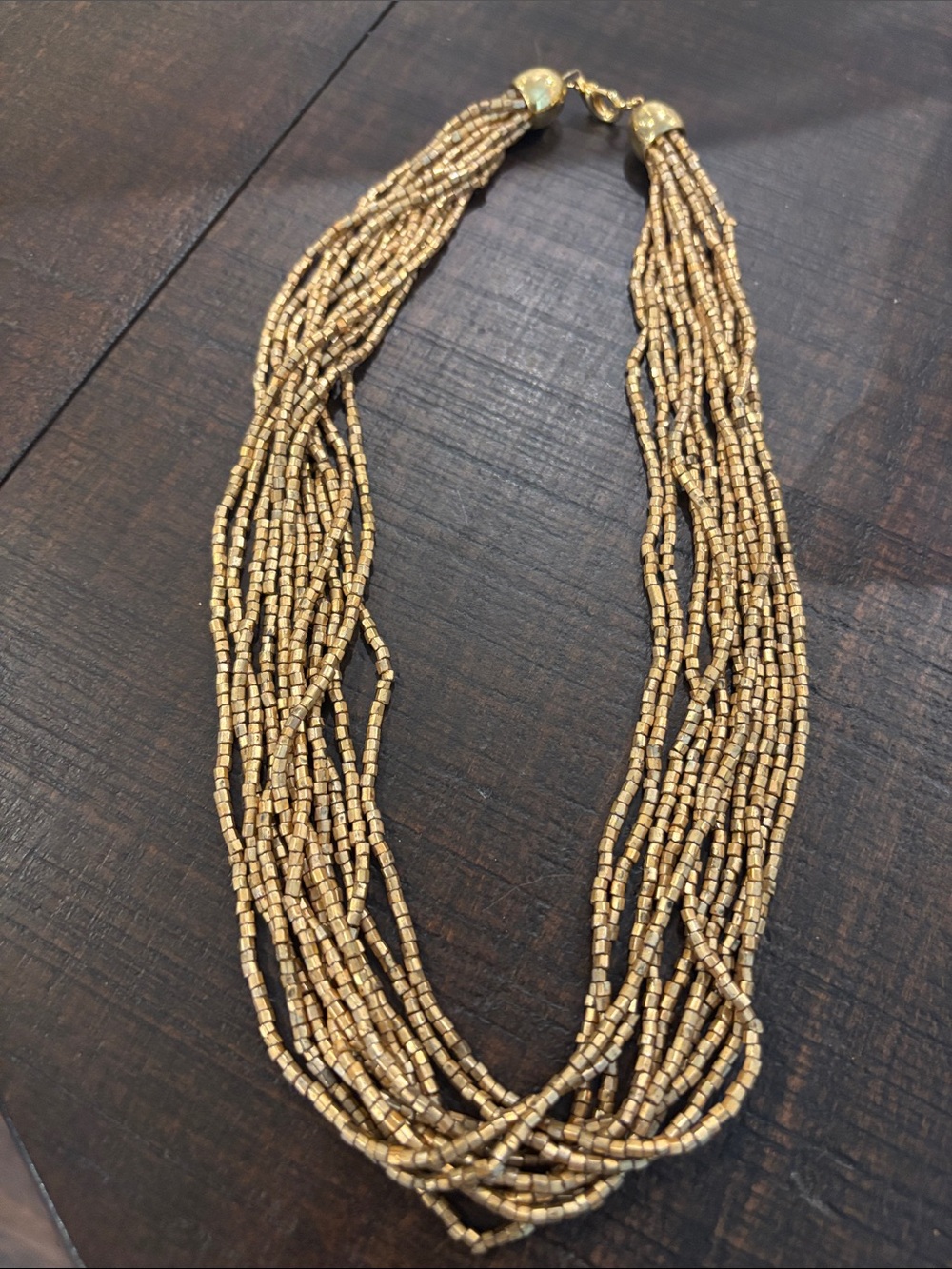 Vintage Art Deco Style Gold Tone Multi Strand Micro Bead Necklace